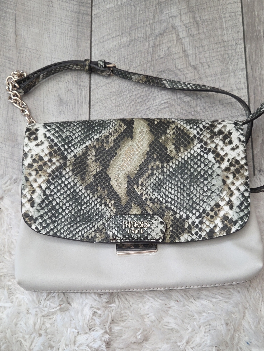 GUESS Snake-Print Flap Crossbody in Black and Cream